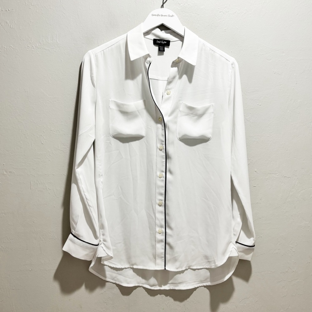LORD & TAYLOR Women’s Whit Black Contrast Piping Button Front Blouse Pocket XS
